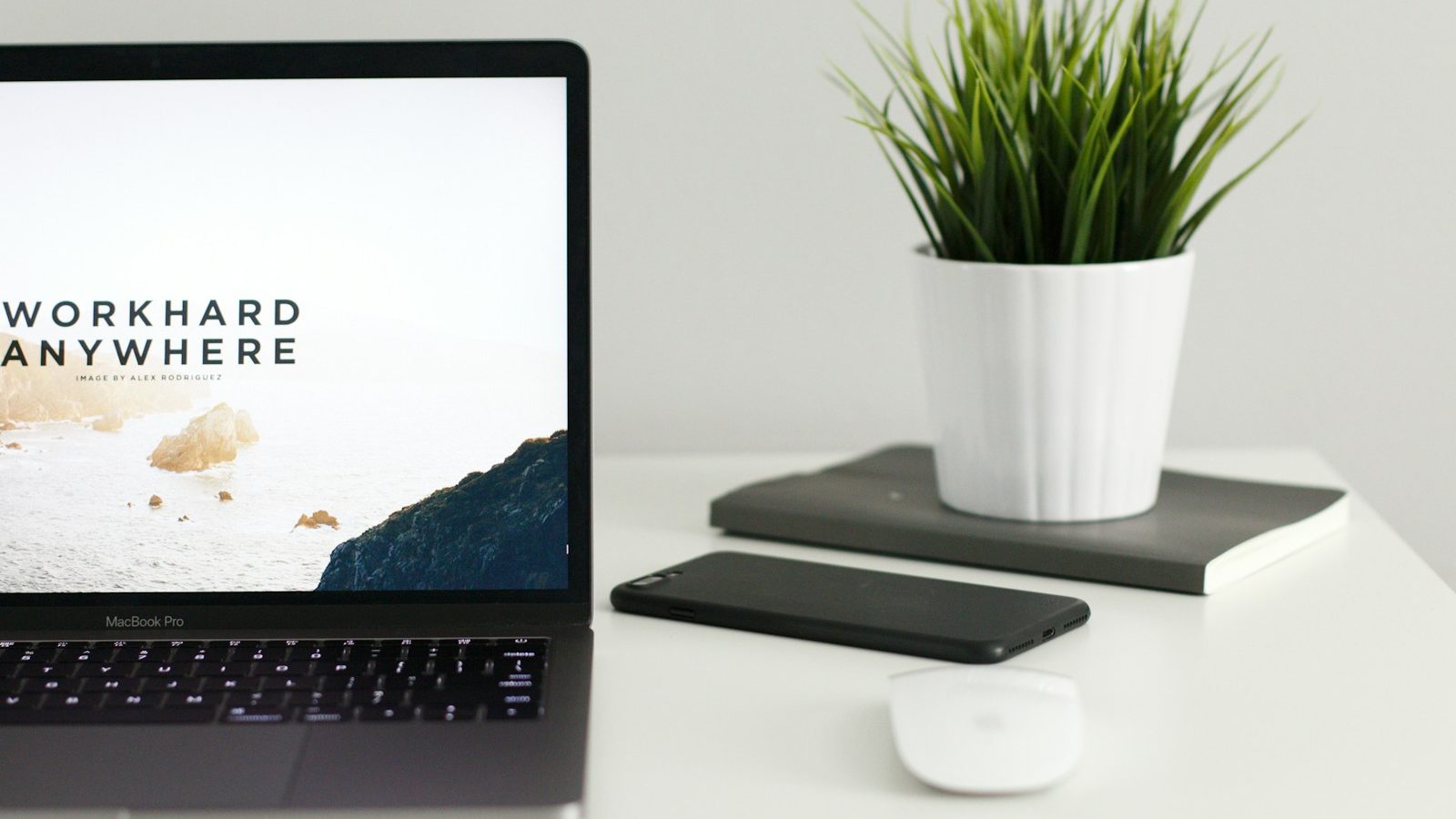 MacBook Pro near green potted plant on table
